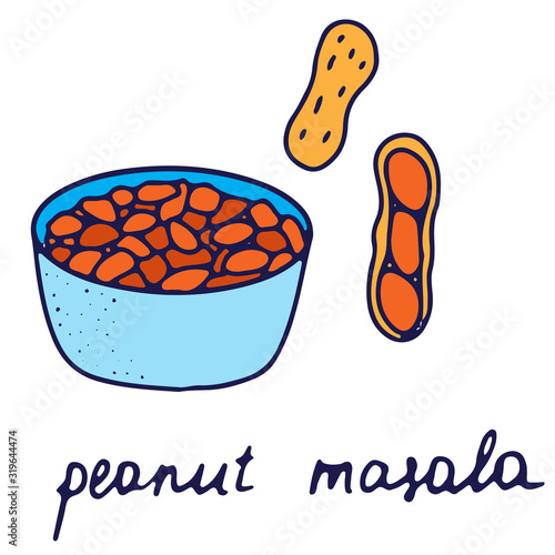 Hand drawn isolated traditional indian food icon. Color fill illustration of indian dish. Peanut masala bowl. 