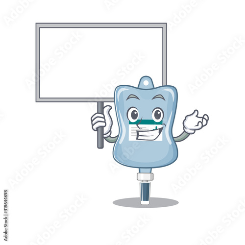 A cute picture of saline bag cute cartoon character bring a board