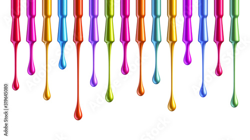 Colorful nail polish brushes with falling drops isolated on white background