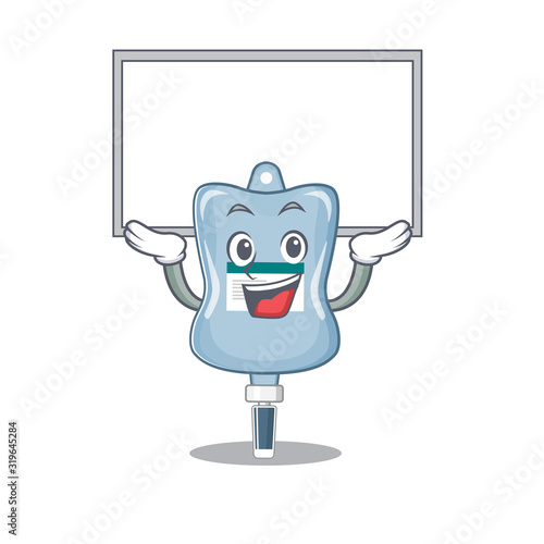 A mascot picture of saline bag raised up board