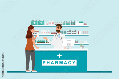 pharmacy with pharmacist and client in counter photo