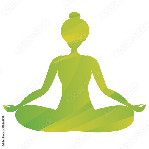 Girl is doing yoga sitting in lotus position. The girl meditates. Modern flat black silhouette. Vector illustration isolated on white background.