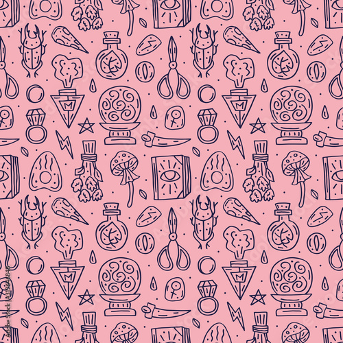 Witchcraft cute vector doodle hand drawn seamless pattern, background, texture. Isolated on white background. Different magic tools, equipment. Alchemistry, talismans, plants. Decorative element. 