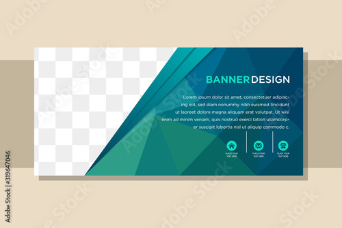Single banners with a polygonal geometric background with different design elements and colors (ribbons, arrows, lines). photo collage space, flat green and blue colors.