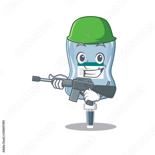 A cartoon design of saline bag Army with machine gun