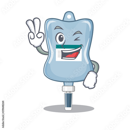 Smiley mascot of saline bag cartoon Character with two fingers