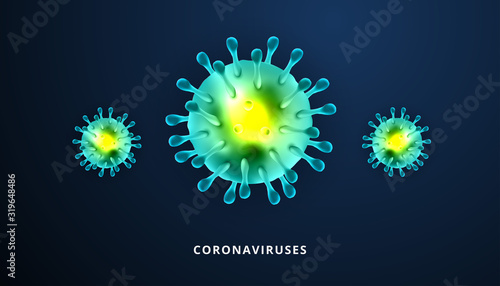 Coronaviruses 3d realistic vector in dark blue background. corona virus cell, wuhan virus disease. Perfect for banner information, flyer, poster, etc.