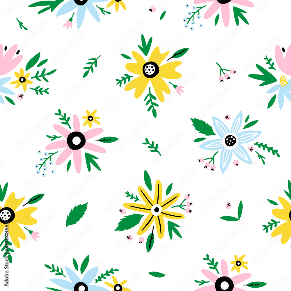 Floral Hand Drawn Seamless Pattern with Flowers and Leaves. Vector design for wrapping paper, cover, interior decor, textile, fabric design