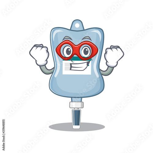 Smiley mascot of saline bag dressed as a Super hero