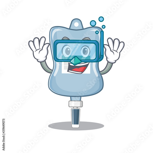 cartoon character of saline bag wearing Diving glasses