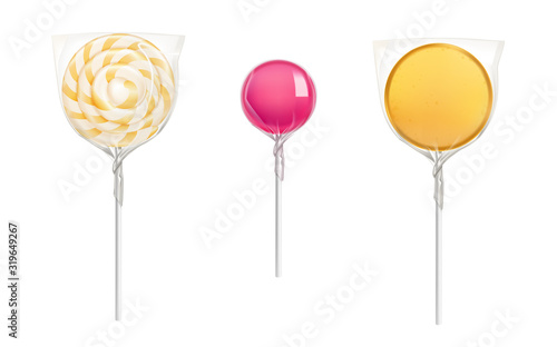 Lollipop candies in transparent plastic pack isolated on white background