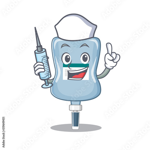 Smiley Nurse saline bag cartoon character with a syringe