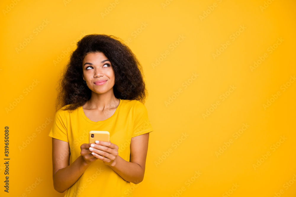Close-up portrait of her she nice attractive pretty cheerful dreamy wavy-haired girl using gadget creating smm media isolated over bright vivid shine vibrant yellow color background Close-up portrait of her she nice attractive pretty cheerful dreamy wavy-haired girl using gadget creating smm media isolated over bright vivid shine vibrant yellow color background