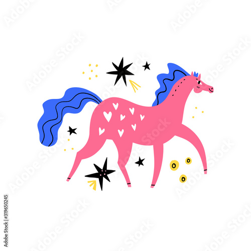 Dressage horse. Pink mare walking on abstract background. Equestrian sport flat hand drawn color vector illustration. Racehorse clipart. Hippodrome. Scandinavian style isolated drawing. Cartoon