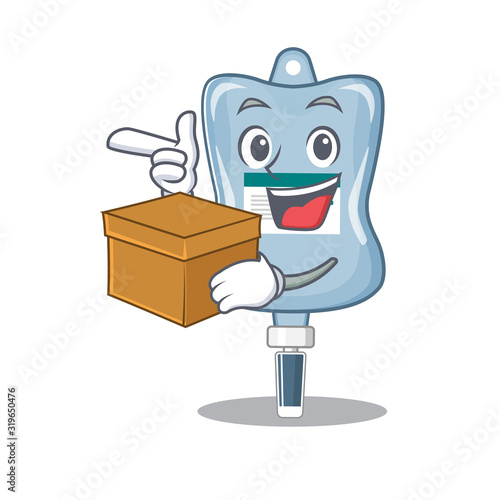Cute saline bag cartoon character having a box