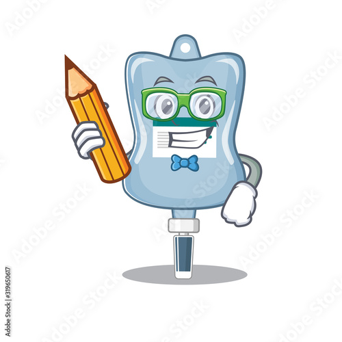 A picture of Student saline bag character holding pencil