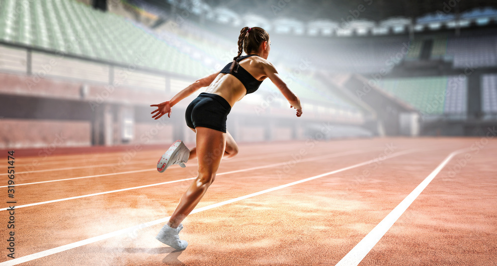 Sportswoman running race. Mixed media