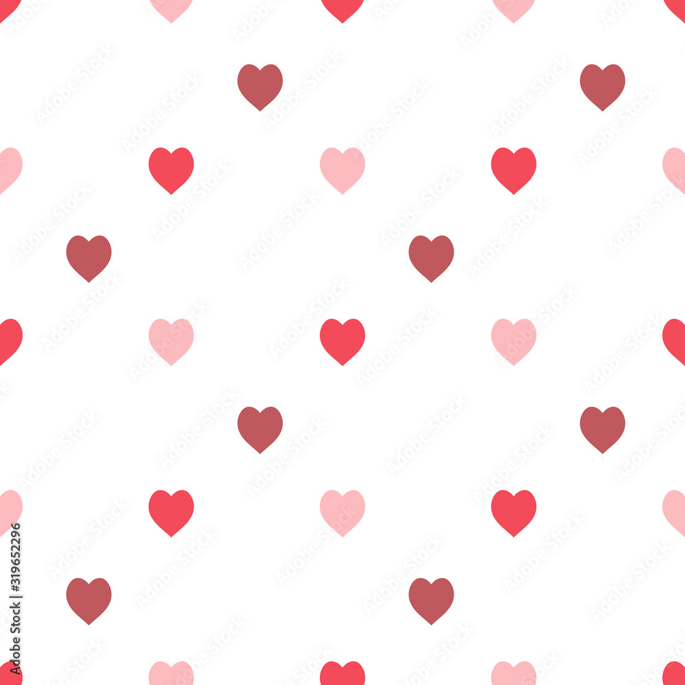 Seamless pattern in stylish red and pink hearts on white background for fabric, textile, clothes, tablecloth and other things. Vector image.