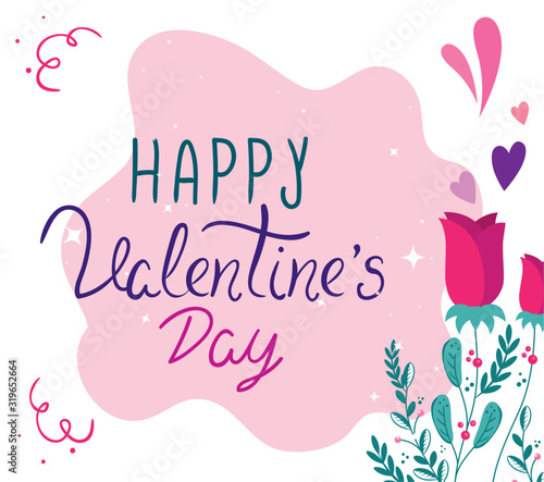 happy valentines day card with rose flowers and leafs design