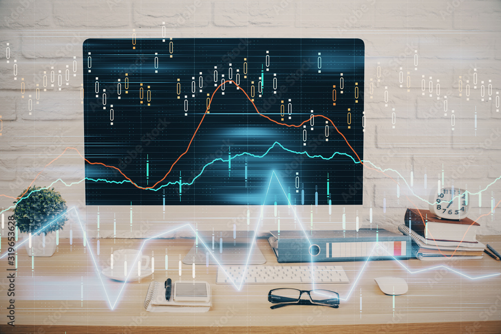 Forex graph hologram on table with computer background. Double exposure. Concept of financial markets.