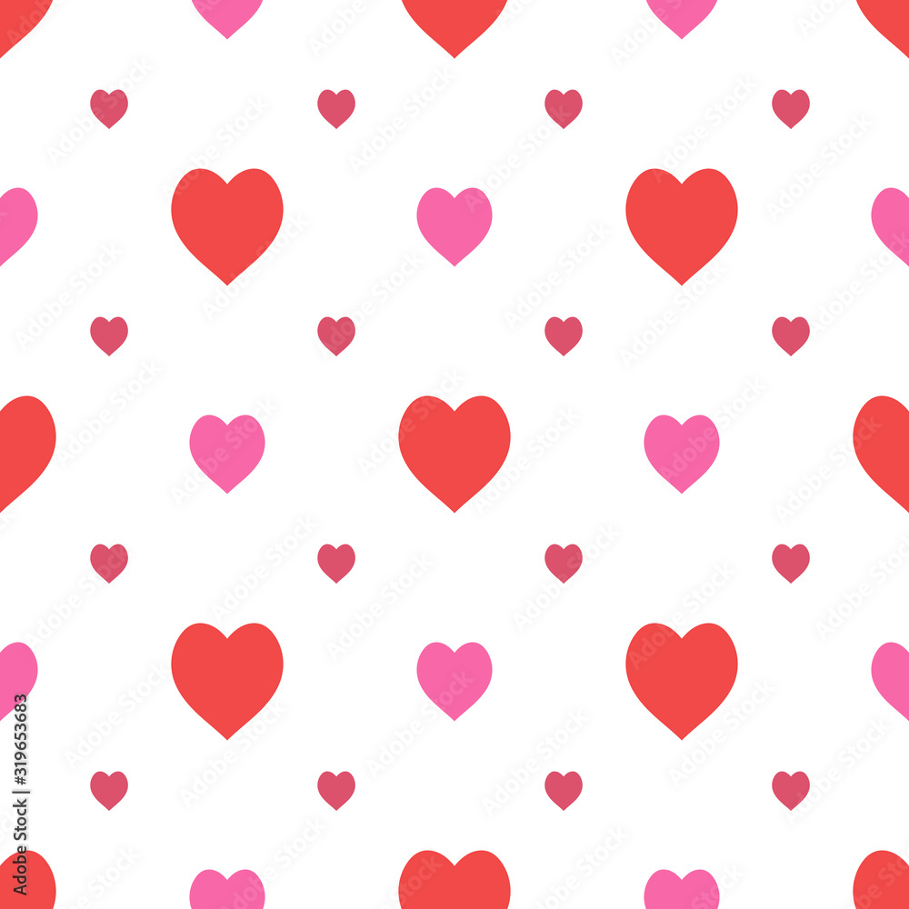 Seamless pattern in stylish red and bright pink hearts on white background for fabric, textile, clothes, tablecloth and other things. Vector image.