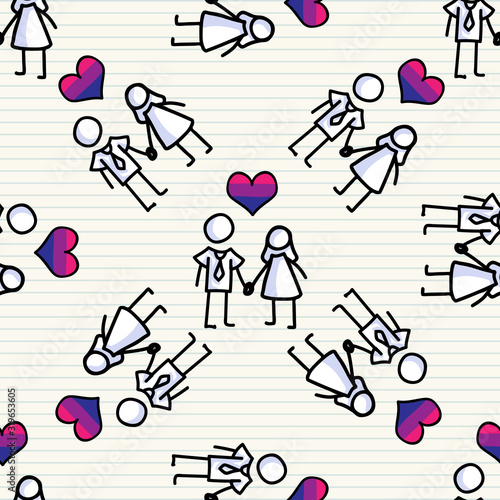 vCute stick figure bisexual relationship seamless vector pattern. Hand drawn homosexual relationship on striped background. Valentines day diversity home decor. Lgbt, affection all over print.  photo