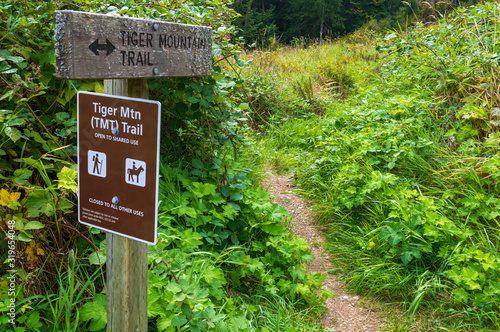 A sign on the trail in the Tiger Mountain State Forest, Washington, USA photo
