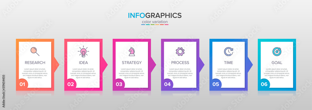 Plakat Koncepcja modelu biznesowego strzałka z 6 kolejnymi krokami. Sześć kolorowych elementów graficznych. Projekt osi czasu dla broszury, prezentacji. Układ projektu infografiki