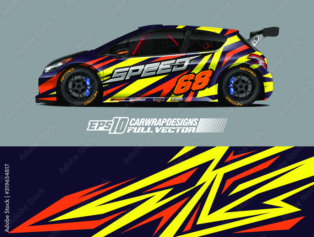 Vehicle graphic livery design vector. Graphic abstract stripe racing background designs for wrap cargo van, race car, pickup truck and adventure. Full vector Eps 10.