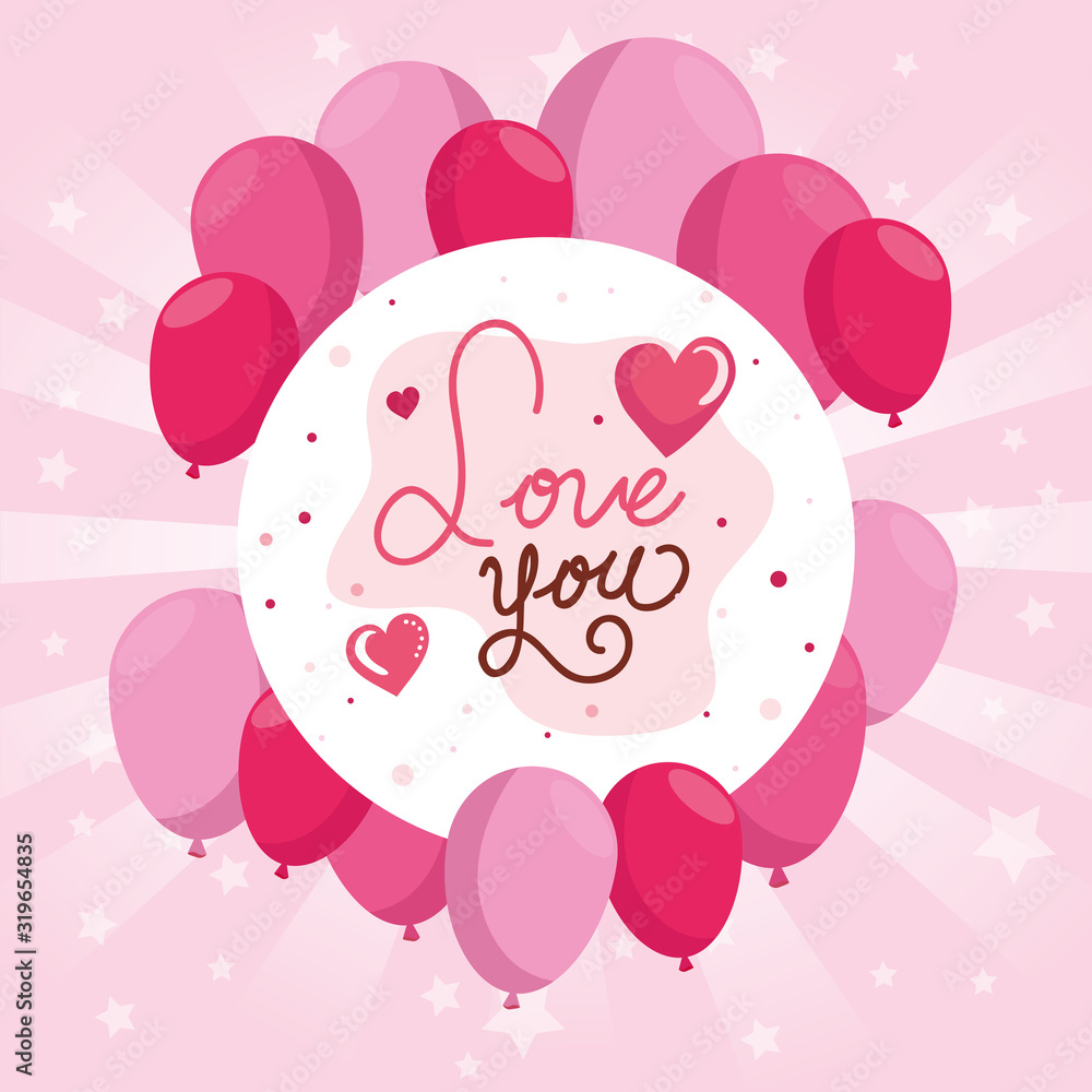 happy valentines day card with balloons helium and decoration vector illustration design