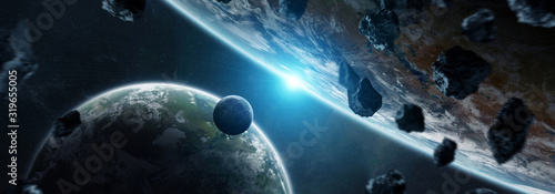 Distant planet system in space with exoplanets 3D rendering elements of this ...