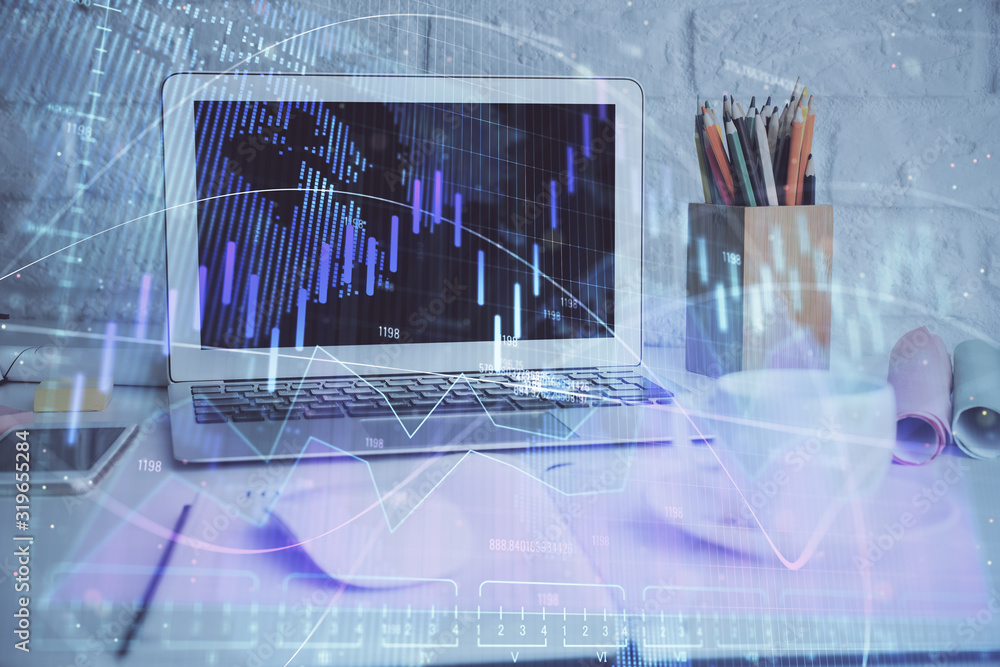 Stock market graph and table with computer background. Double exposure. Concept of financial analysis. Stock market graph and table with computer background. Double exposure. Concept of financial analysis.