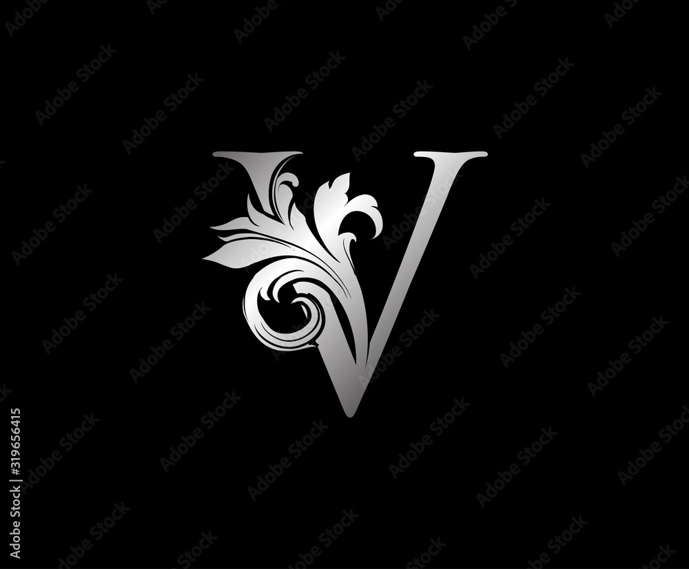 V Letter Swirl Logo. Silver V With Classic Leaves Shape design perfect for fashion, Jewelry, Beauty Salon, Cosmetics, Spa, Hotel and Restaurant Logo.  - obrazy, fototapety, plakaty 