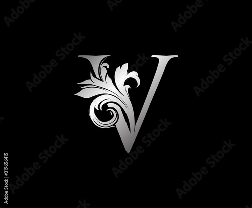 V Letter Swirl Logo. Silver V With Classic Leaves Shape design perfect for fashion, Jewelry, Beauty Salon, Cosmetics, Spa, Hotel and Restaurant Logo.  photo