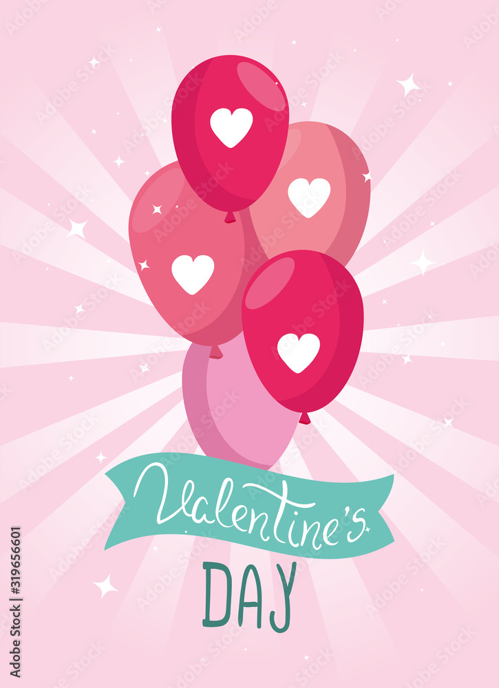 happy valentines day card with balloons helium and decoration vector illustration design