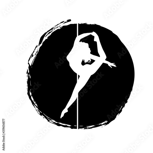 White silhouette pole dance on a abstract black spot on a white background. Pole dance exotic vector illustration. Clipart for logotype, badge, icon, logo, banner, tag, clothes