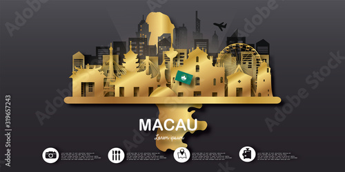 Macau Travel postcard, poster, tour advertising of world famous landmarks in paper cut style. Vectors illustrations