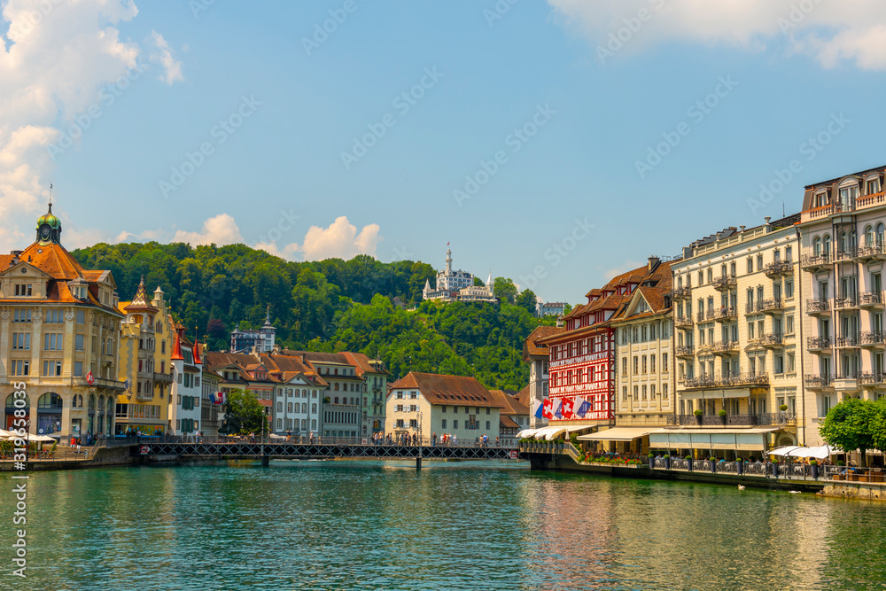 City of Lucerne and Reuss River and Building in a Sunny Day in Switzerland.