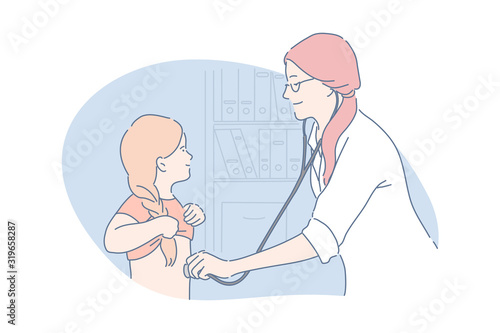 Pediatric care, health, medicine concept. Young woman pediatrician examinates child. Girl pediatrics doctor checks kids health. Medical worker listens girls heart beating. Simple flat vector