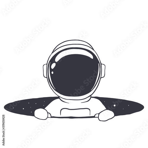 astronaut peeps out from the hole of space