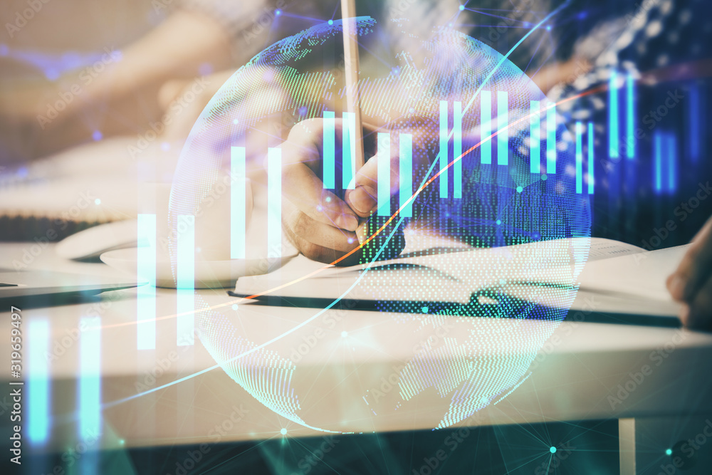 Multi exposure of two men planing investment with stock market forex chart. Multi exposure of two men planing investment with stock market forex chart.