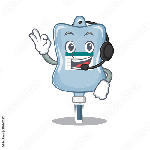 Smiley saline bag cartoon character design wearing headphone