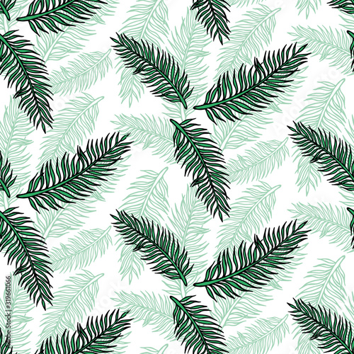 Hand drawn abstract seamless pattern with green palm branch. Exotic tropical leaves isolated on a white background. Cute template for cards, fabric, wrapping paper. Vector illustration