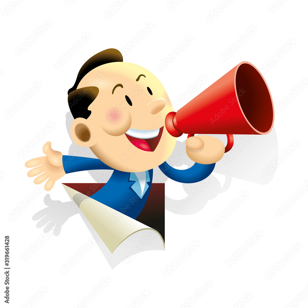 A cute business man coming out from a paper breaking through background and making announcement with a red speaker
