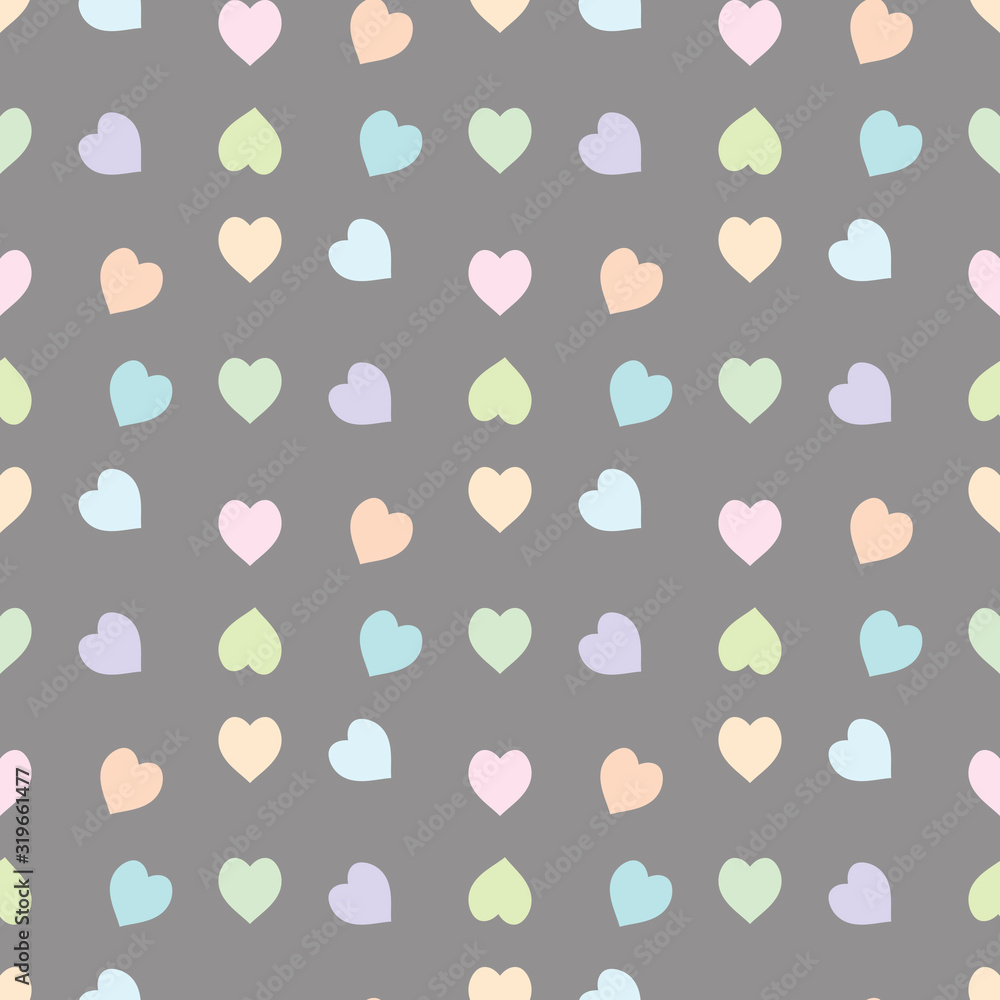 Seamless pattern in pastel light pink, green, blue, orange and violet hearts on grey background for fabric, textile, clothes, tablecloth and other things. Vector image. Seamless pattern in pastel light pink, green, blue, orange and violet hearts on grey background for fabric, textile, clothes, tablecloth and other things. Vector image.