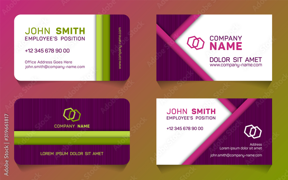 Double sided business card minimal idea vector templates set. Cool business card graphic design with place for logo, company name, employee's position, phone number, website and office address.