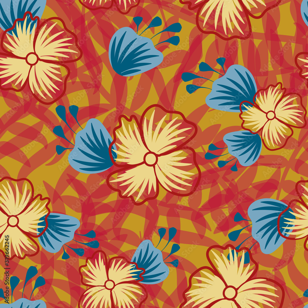 A bright floral seamless vector pattern in red yellow and blue colors. Vibrant tropical surface print design. Great for fabrics, cards, wrapping paper and packaging.