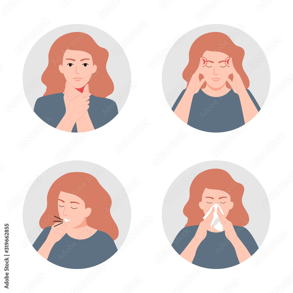 Symptoms of illness - runny nose, headache, cough, sore throat vector icons Symptoms of illness - runny nose, headache, cough, sore throat vector icons