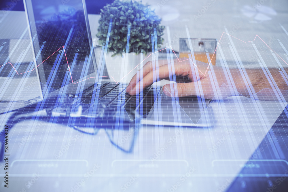 Multi exposure of graph with man typing on computer in office on background. Concept of hard work. Closeup. Multi exposure of graph with man typing on computer in office on background. Concept of hard work. Closeup.