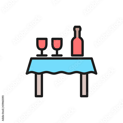 Table with bottle of wine and glasses flat color line icon.
